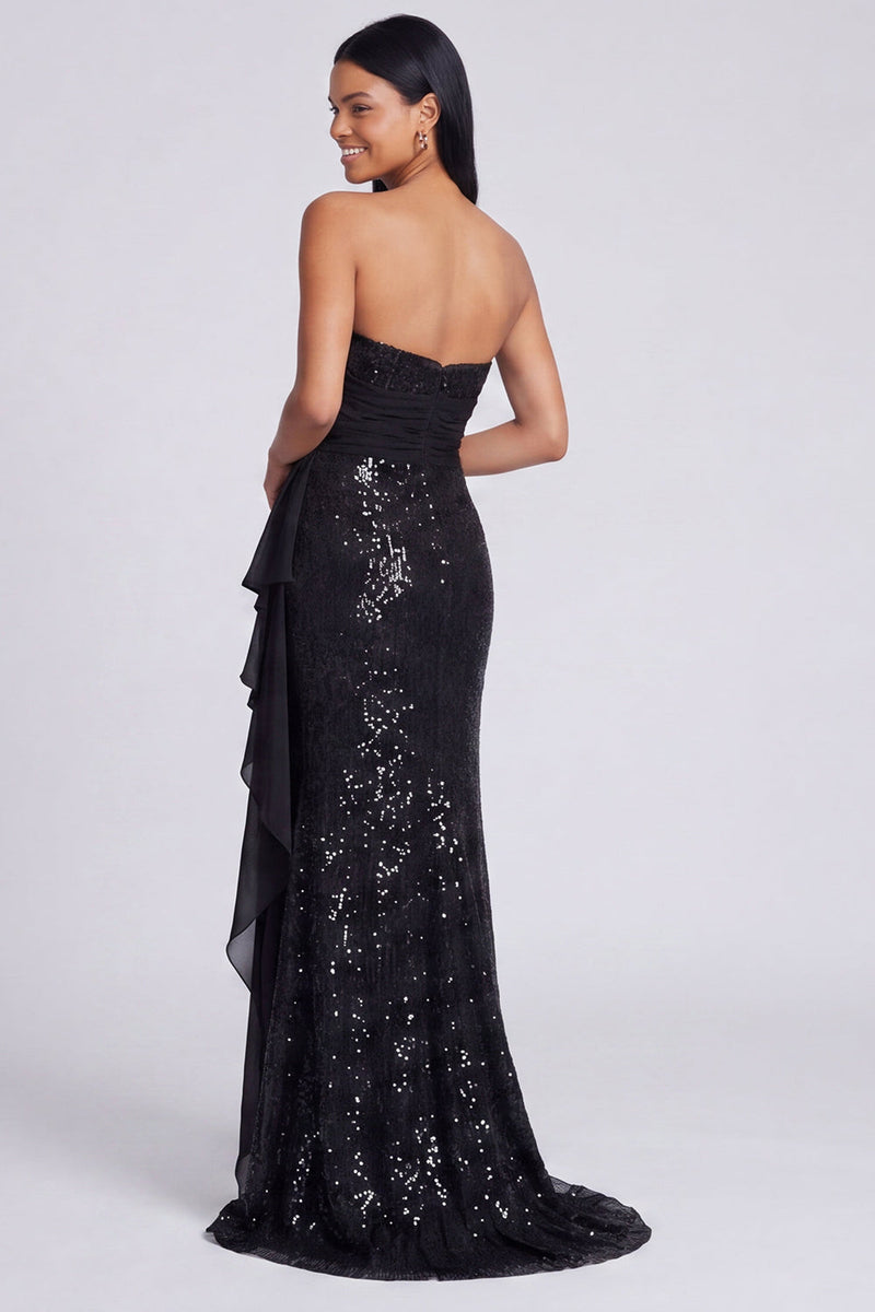 Load image into Gallery viewer, Sparkly Light Pink Strapless Mermaid Ruched Sequins Long Formal Dress with Ruffles