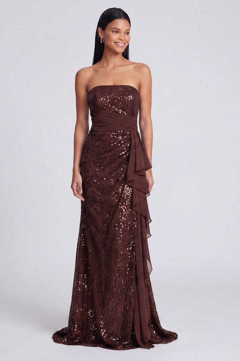 Load image into Gallery viewer, Sparkly Light Pink Strapless Mermaid Ruched Sequins Long Formal Dress with Ruffles