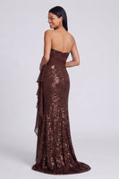 Load image into Gallery viewer, Sparkly Light Pink Strapless Mermaid Ruched Sequins Long Formal Dress with Ruffles