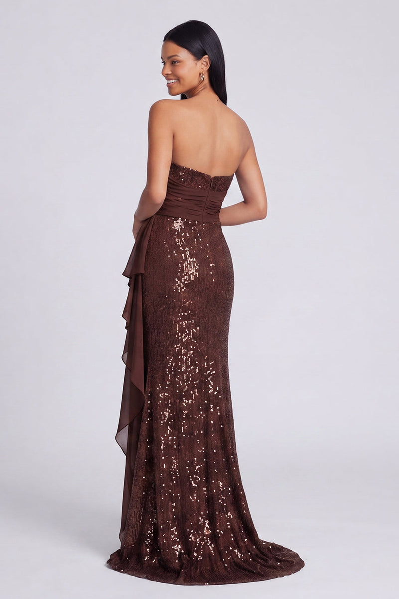 Load image into Gallery viewer, Sparkly Light Pink Strapless Mermaid Ruched Sequins Long Formal Dress with Ruffles