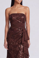 Load image into Gallery viewer, Sparkly Light Pink Strapless Mermaid Ruched Sequins Long Formal Dress with Ruffles