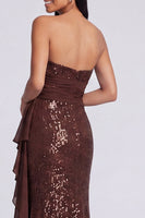 Load image into Gallery viewer, Sparkly Light Pink Strapless Mermaid Ruched Sequins Long Formal Dress with Ruffles