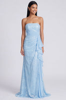 Load image into Gallery viewer, Sparkly Light Pink Strapless Mermaid Ruched Sequins Long Formal Dress with Ruffles