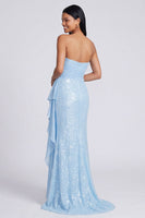 Load image into Gallery viewer, Sparkly Light Pink Strapless Mermaid Ruched Sequins Long Formal Dress with Ruffles