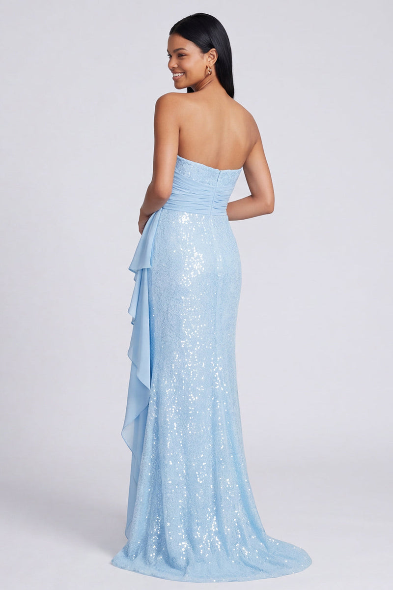 Load image into Gallery viewer, Sparkly Light Pink Strapless Mermaid Ruched Sequins Long Formal Dress with Ruffles