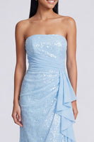 Load image into Gallery viewer, Sparkly Light Pink Strapless Mermaid Ruched Sequins Long Formal Dress with Ruffles