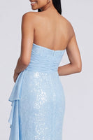 Load image into Gallery viewer, Sparkly Light Pink Strapless Mermaid Ruched Sequins Long Formal Dress with Ruffles