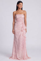 Load image into Gallery viewer, Sparkly Light Pink Strapless Mermaid Ruched Sequins Long Formal Dress with Ruffles