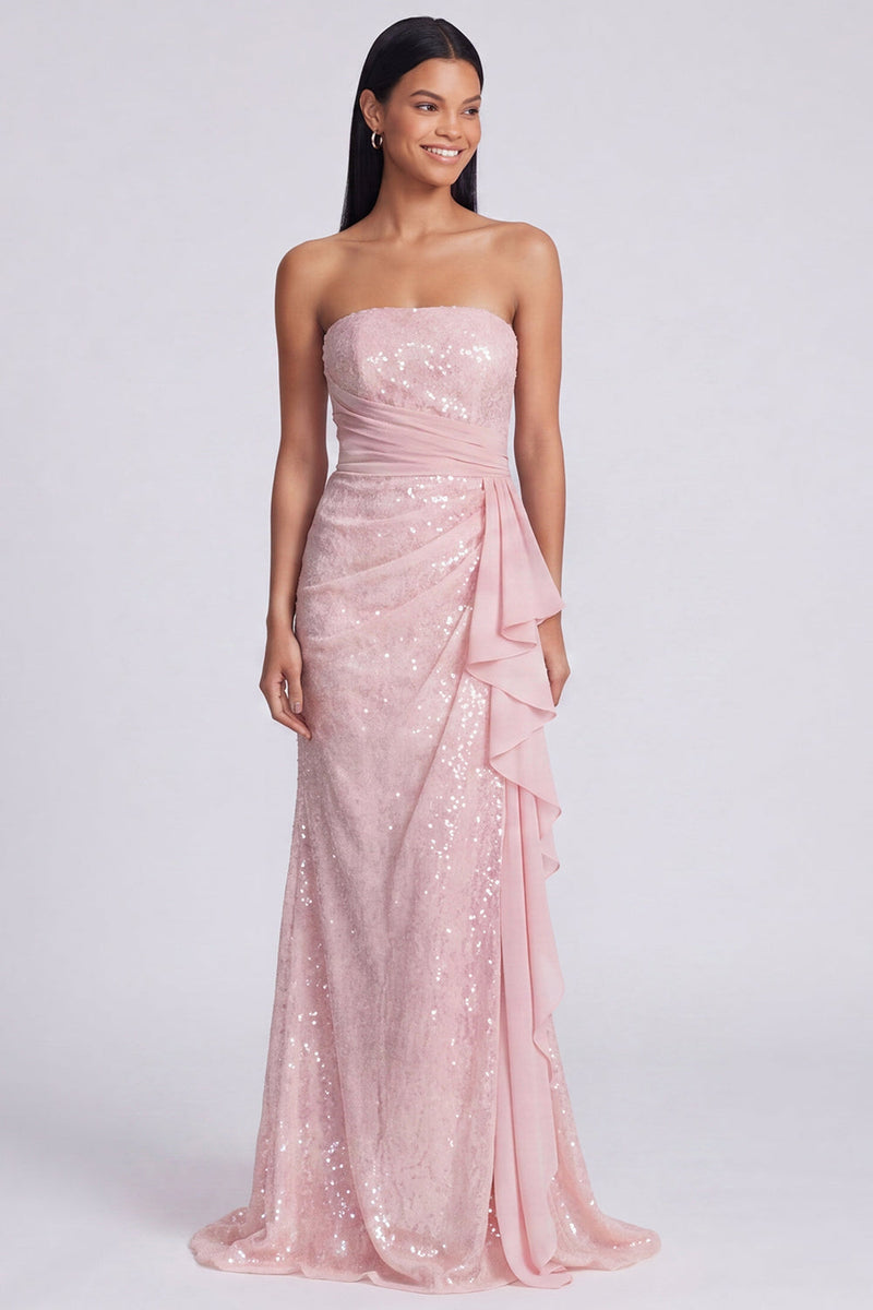 Load image into Gallery viewer, Sparkly Light Pink Strapless Mermaid Ruched Sequins Long Formal Dress with Ruffles