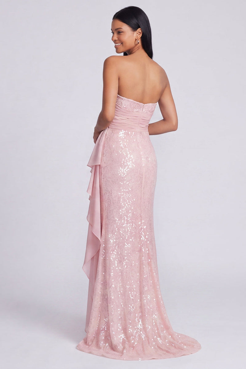 Load image into Gallery viewer, Sparkly Light Pink Strapless Mermaid Ruched Sequins Long Formal Dress with Ruffles