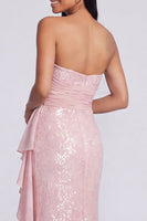 Load image into Gallery viewer, Sparkly Light Pink Strapless Mermaid Ruched Sequins Long Formal Dress with Ruffles