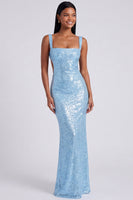 Load image into Gallery viewer, Sparkly Sequins Light Blue Square Neck Mermaid Long Formal Dress