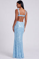 Load image into Gallery viewer, Sparkly Sequins Light Blue Square Neck Mermaid Long Formal Dress