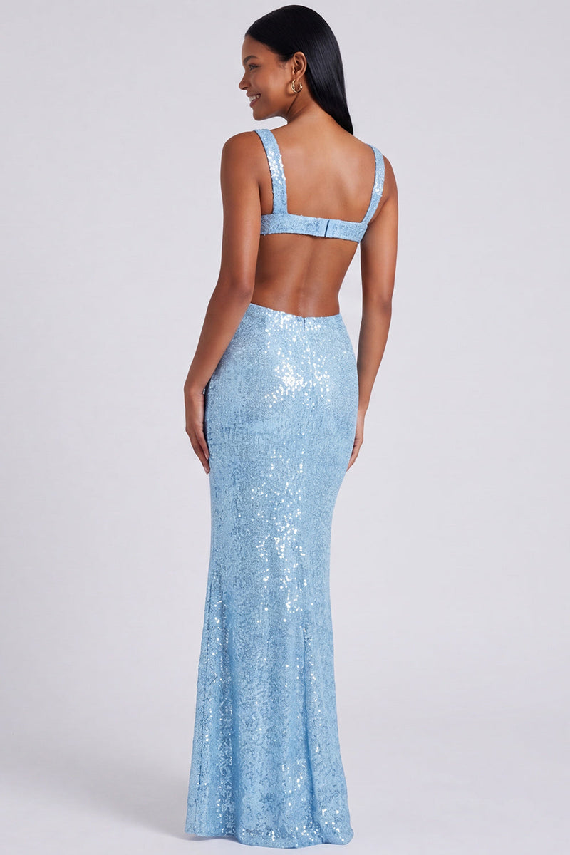 Load image into Gallery viewer, Sparkly Sequins Light Blue Square Neck Mermaid Long Formal Dress