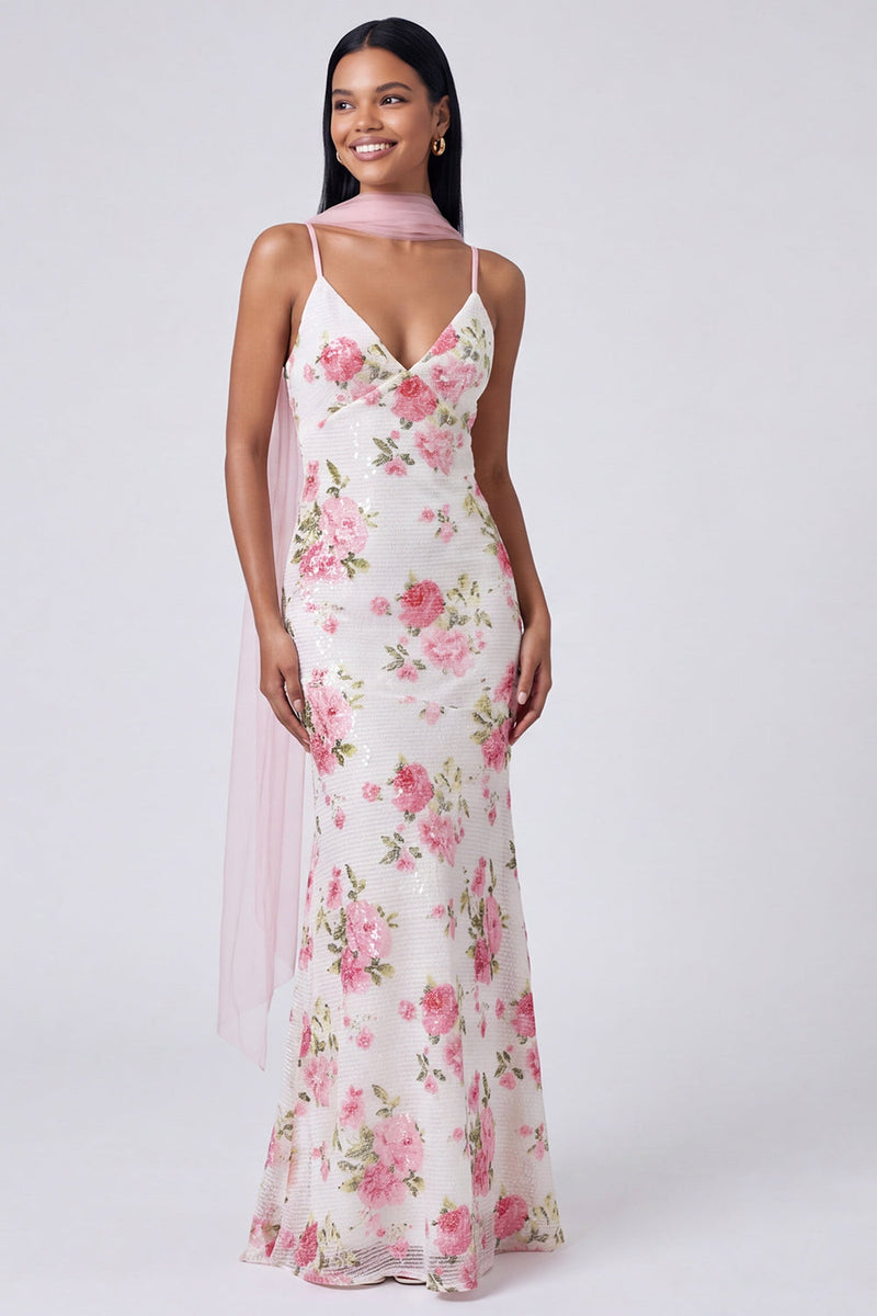 Load image into Gallery viewer, White Pink Flower Sequins V-Neck Mermaid Long Formal Dress