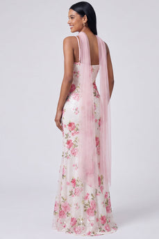 White Pink Flower Sequins V-Neck Mermaid Long Formal Dress