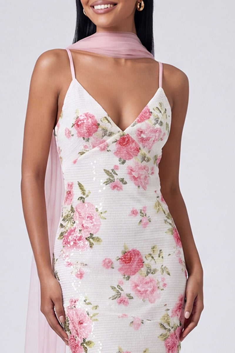 Load image into Gallery viewer, White Pink Flower Sequins V-Neck Mermaid Long Formal Dress