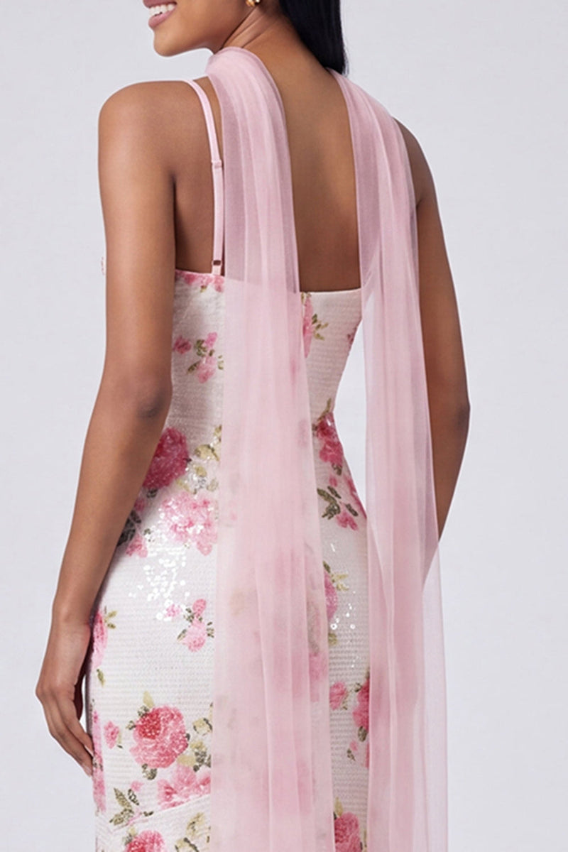 Load image into Gallery viewer, White Pink Flower Sequins V-Neck Mermaid Long Formal Dress