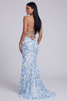 Load image into Gallery viewer, Light Green Ruched Floral Spaghetti Straps Mermaid Long Formal Dress