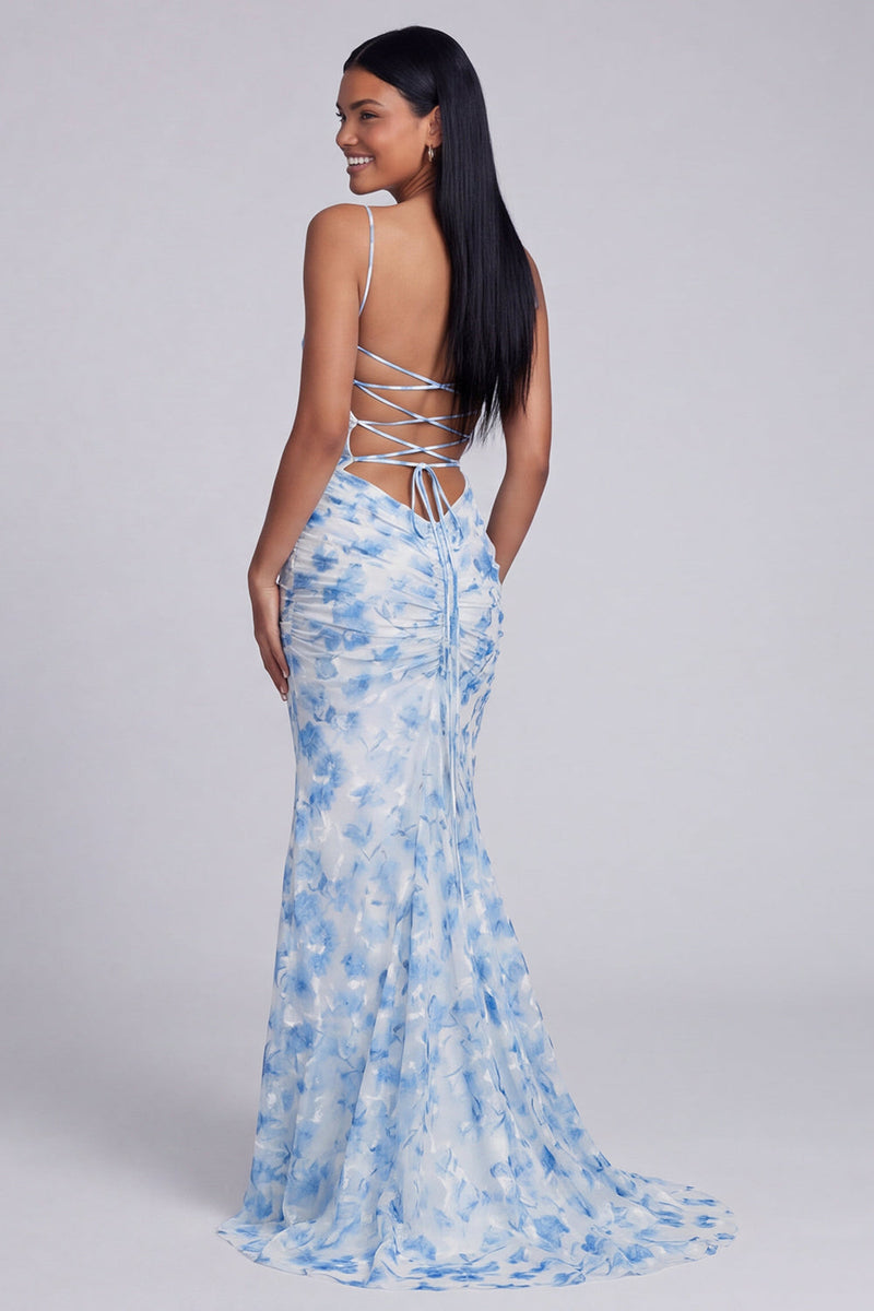 Load image into Gallery viewer, Light Green Ruched Floral Spaghetti Straps Mermaid Long Formal Dress