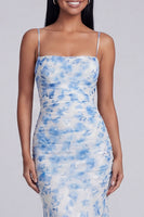 Load image into Gallery viewer, Light Green Ruched Floral Spaghetti Straps Mermaid Long Formal Dress