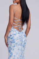 Load image into Gallery viewer, Light Green Ruched Floral Spaghetti Straps Mermaid Long Formal Dress
