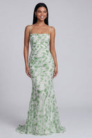 Load image into Gallery viewer, Light Green Ruched Floral Spaghetti Straps Mermaid Long Formal Dress