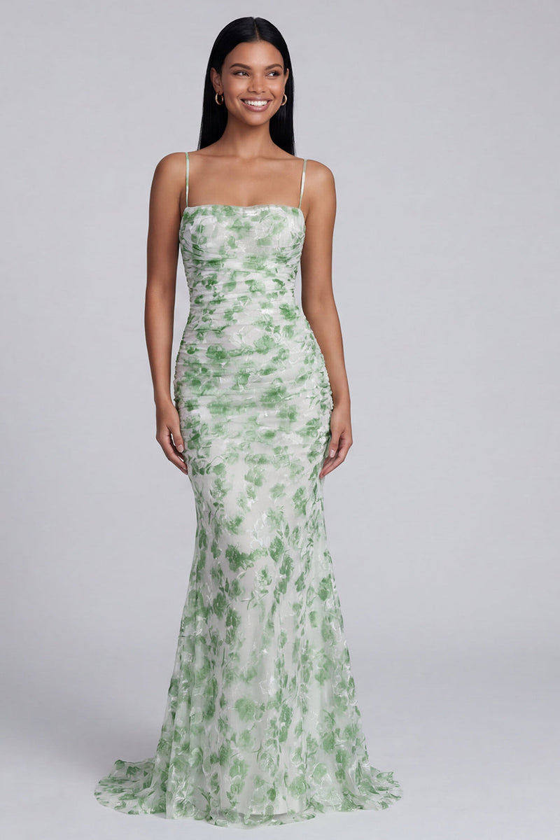 Load image into Gallery viewer, Light Green Ruched Floral Spaghetti Straps Mermaid Long Formal Dress