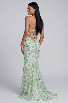 Light Green Ruched Floral Spaghetti Straps Mermaid Long Formal Dress