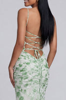 Load image into Gallery viewer, Light Green Ruched Floral Spaghetti Straps Mermaid Long Formal Dress