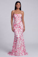 Load image into Gallery viewer, Light Green Ruched Floral Spaghetti Straps Mermaid Long Formal Dress