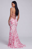 Load image into Gallery viewer, Light Green Ruched Floral Spaghetti Straps Mermaid Long Formal Dress