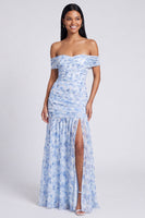 Load image into Gallery viewer, Pink Floral Ruched Mermaid Off the Shoulder Long Formal Dress with Slit