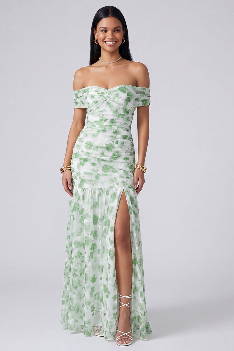 Load image into Gallery viewer, Pink Floral Ruched Mermaid Off the Shoulder Long Formal Dress with Slit