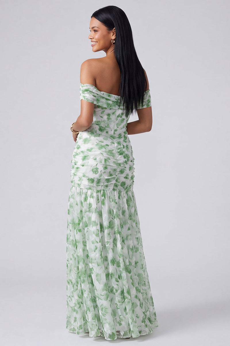 Load image into Gallery viewer, Pink Floral Ruched Mermaid Off the Shoulder Long Formal Dress with Slit