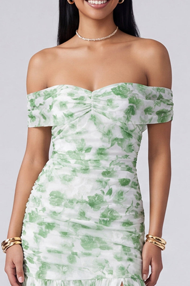 Load image into Gallery viewer, Pink Floral Ruched Mermaid Off the Shoulder Long Formal Dress with Slit
