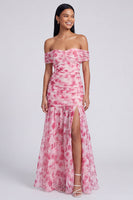 Load image into Gallery viewer, Pink Floral Ruched Mermaid Off the Shoulder Long Formal Dress with Slit