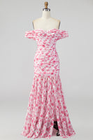 Load image into Gallery viewer, Pink Floral Ruched Mermaid Off the Shoulder Long Formal Dress with Slit