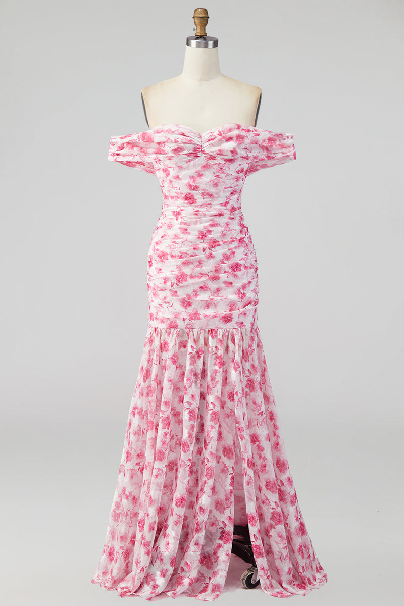 Load image into Gallery viewer, Pink Floral Ruched Mermaid Off the Shoulder Long Formal Dress with Slit