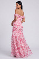 Load image into Gallery viewer, Pink Floral Ruched Mermaid Off the Shoulder Long Formal Dress with Slit