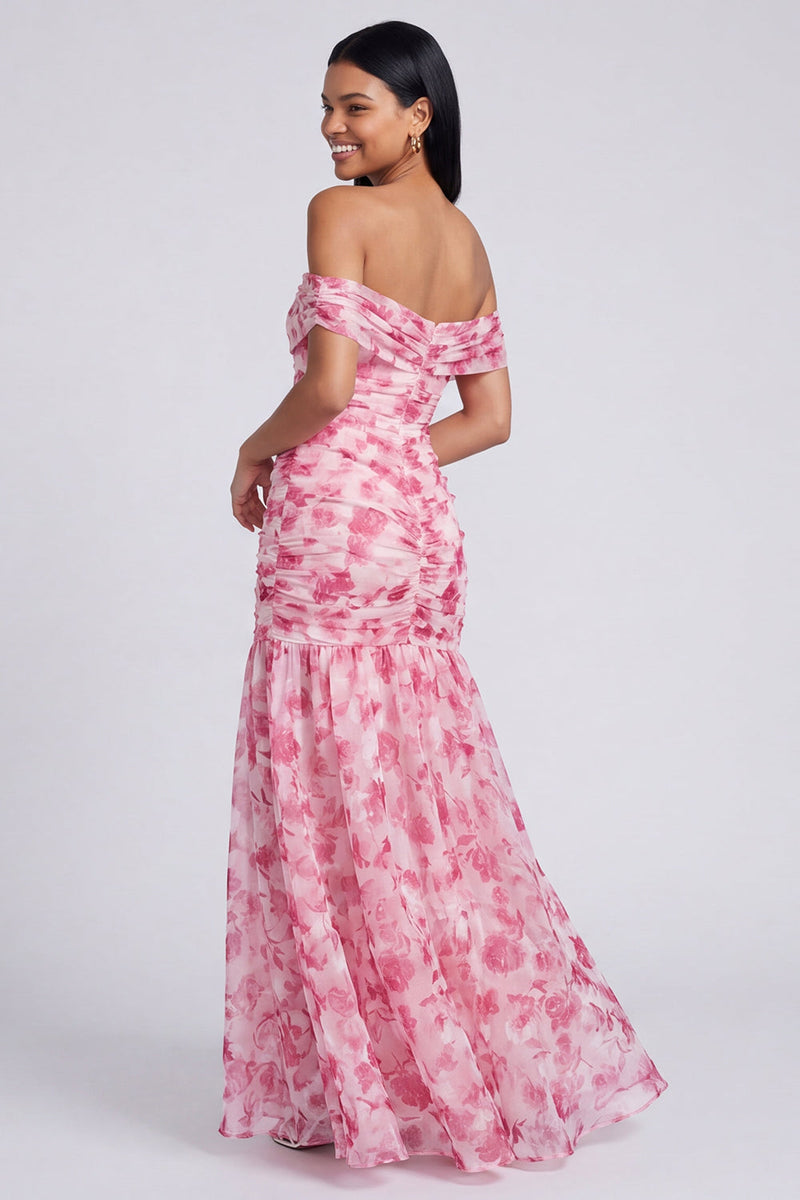 Load image into Gallery viewer, Pink Floral Ruched Mermaid Off the Shoulder Long Formal Dress with Slit