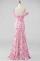 Load image into Gallery viewer, Pink Floral Ruched Mermaid Off the Shoulder Long Formal Dress with Slit