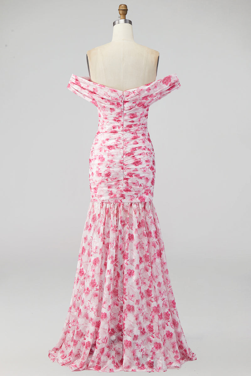 Load image into Gallery viewer, Pink Floral Ruched Mermaid Off the Shoulder Long Formal Dress with Slit