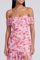 Load image into Gallery viewer, Pink Floral Ruched Mermaid Off the Shoulder Long Formal Dress with Slit