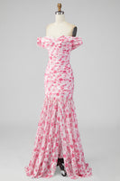 Load image into Gallery viewer, Pink Floral Ruched Mermaid Off the Shoulder Long Formal Dress with Slit
