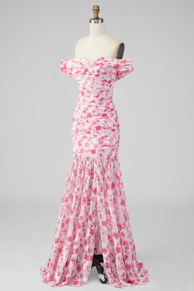 Load image into Gallery viewer, Pink Floral Ruched Mermaid Off the Shoulder Long Formal Dress with Slit