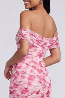 Load image into Gallery viewer, Pink Floral Ruched Mermaid Off the Shoulder Long Formal Dress with Slit