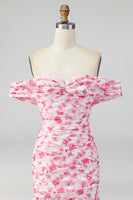 Load image into Gallery viewer, Pink Floral Ruched Mermaid Off the Shoulder Long Formal Dress with Slit