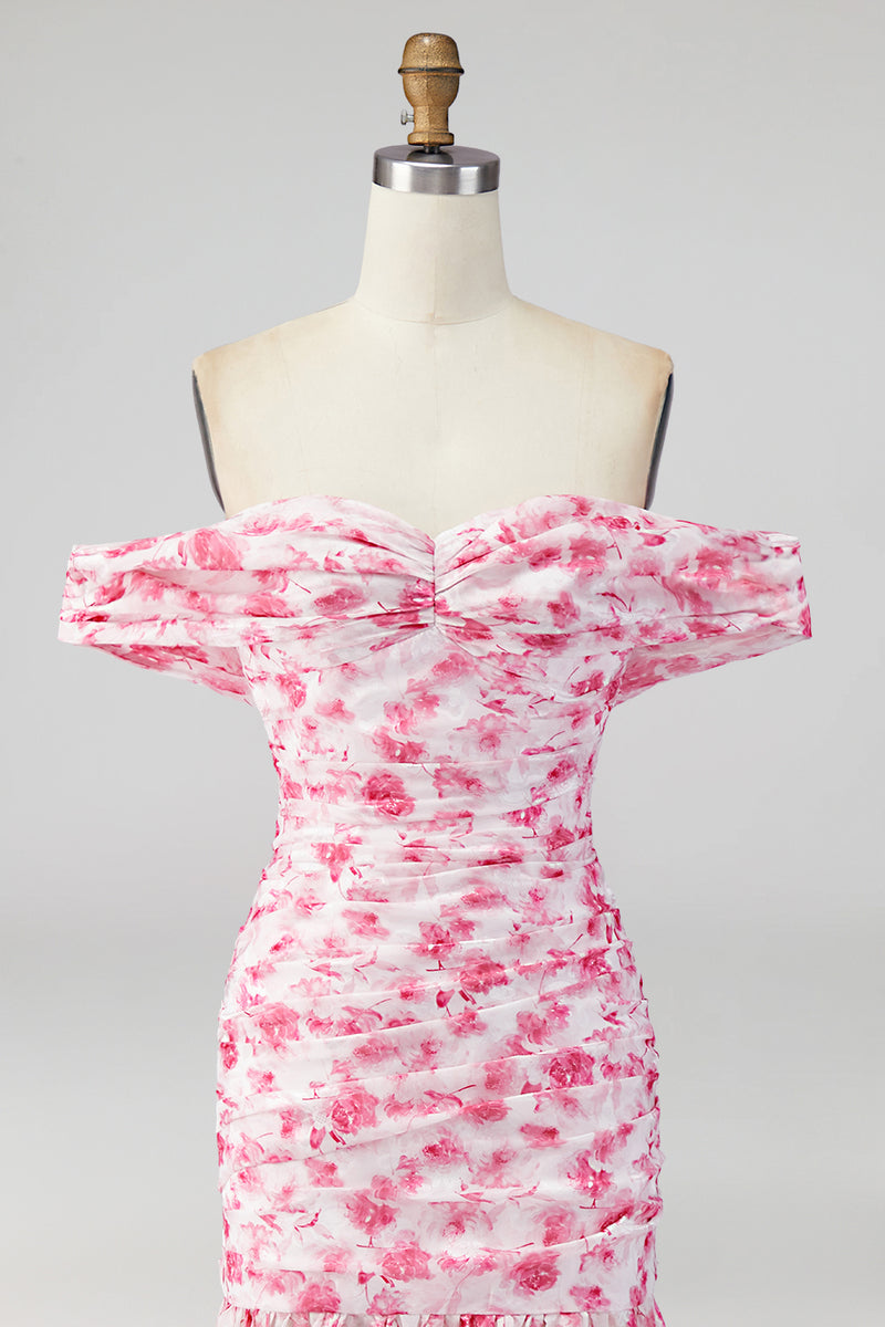 Load image into Gallery viewer, Pink Floral Ruched Mermaid Off the Shoulder Long Formal Dress with Slit