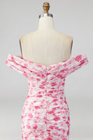 Load image into Gallery viewer, Pink Floral Ruched Mermaid Off the Shoulder Long Formal Dress with Slit
